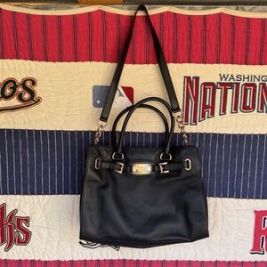 Michael Kors Hamilton Satchel Tote Bag Gold Chain Shoulder Strap Black Leather‎